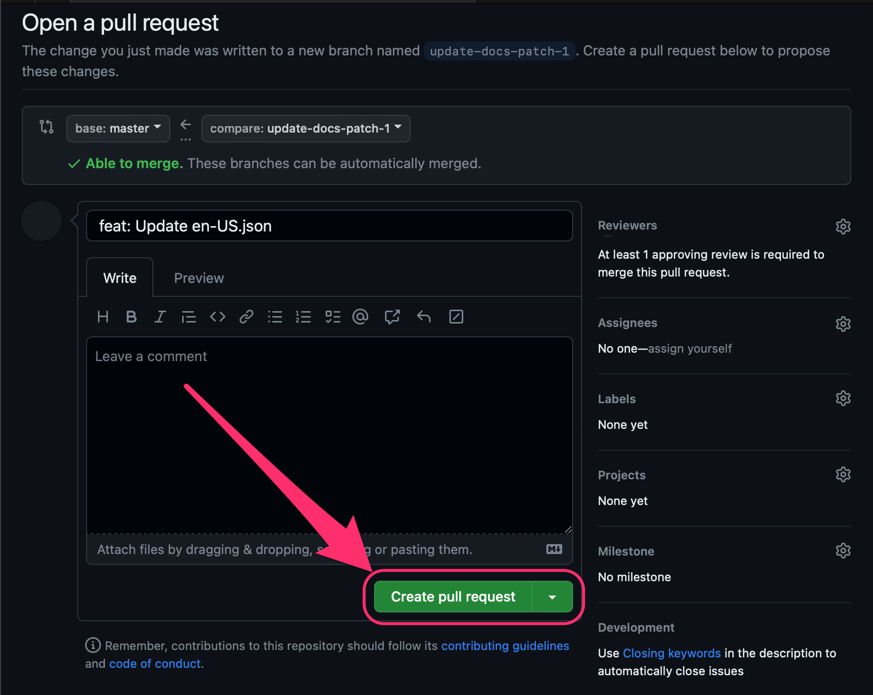 Screenshot of the Create pull request button on GitHub