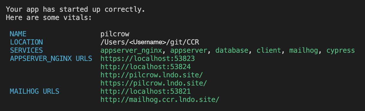 Screenshot of local URLs in command line standard output after starting Lando